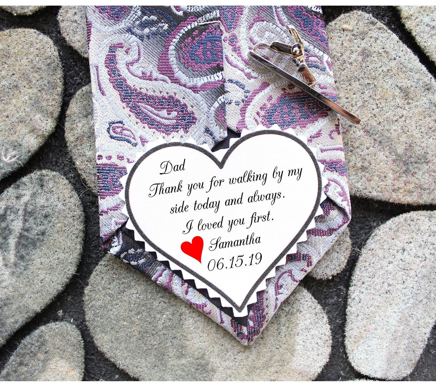 Tie patch with custom message imprinted, heart shaped, Father of the bride gift