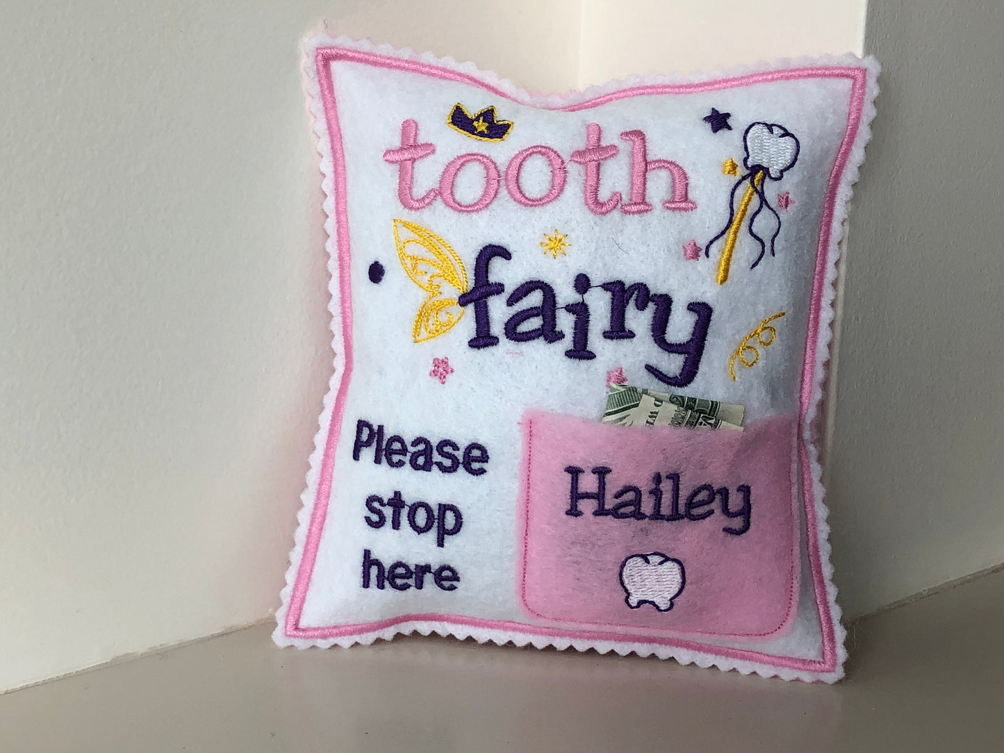 Personalized Tooth Fairy Pillow with tooth chart in the back - handmade in Canada