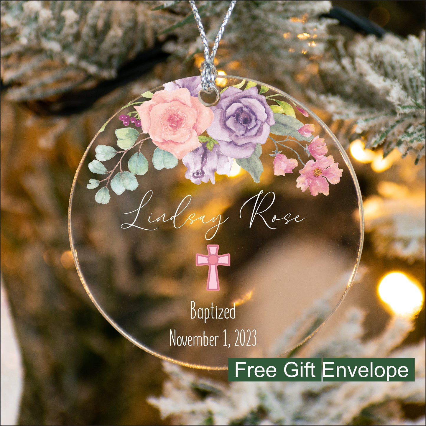 Floral Pink Floral Baby Baptism Acrylic Ornament