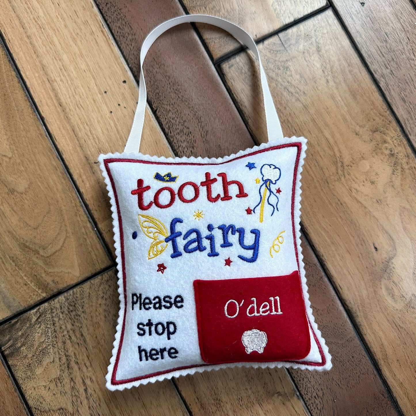 Personalized Blue Tooth fairy pillow with tooth chart and hanging string