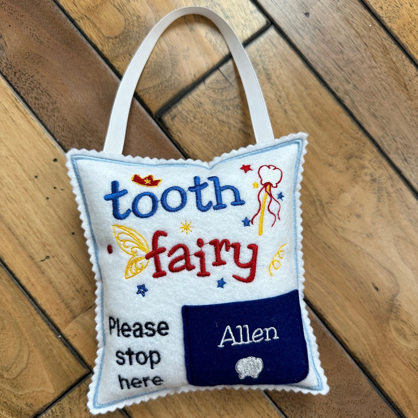 Personalised Tooth fairy pillow with Hanging String and tooth chart in the back