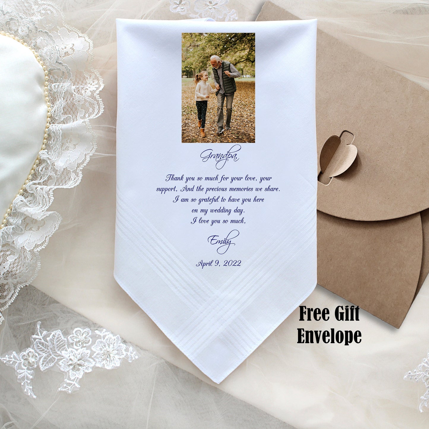 Grandpa of the Bride PHOTO handkerchief, wedding Gift for Grandpa Personalized, photo and custom message printed