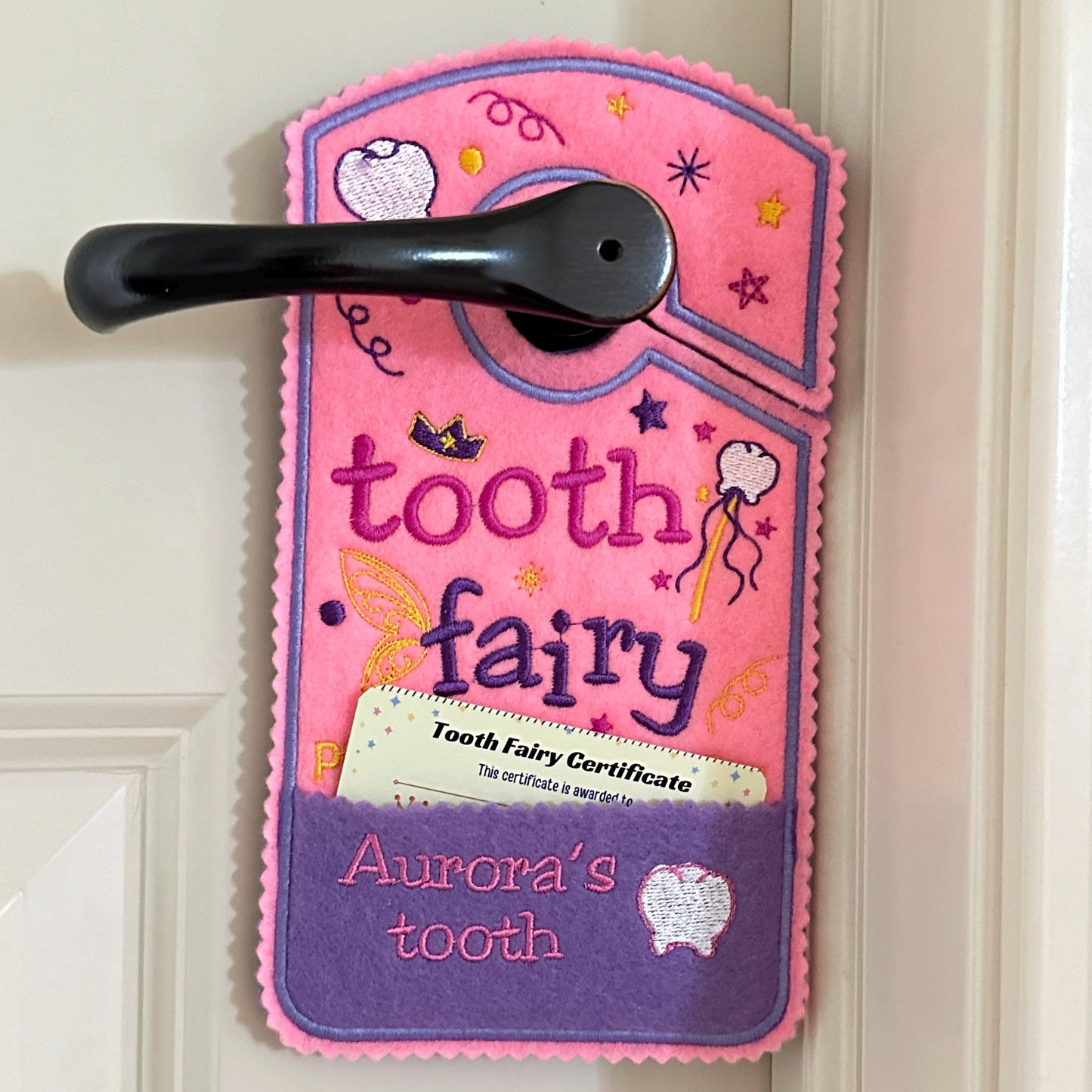 Tooth fairy door hanger, personalized tooth pocket, Please stop here, fairy money pocket, custom,alternative option to tooth pillow,boy,girl