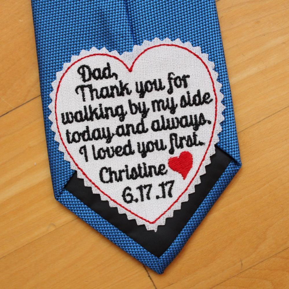 Personalized wedding tie patch for the father of the bride, featuring a heartfelt message from the bride to her dad on her wedding day. This special keepsake, with intricate embroidery, captures the loving bond between father and daughter