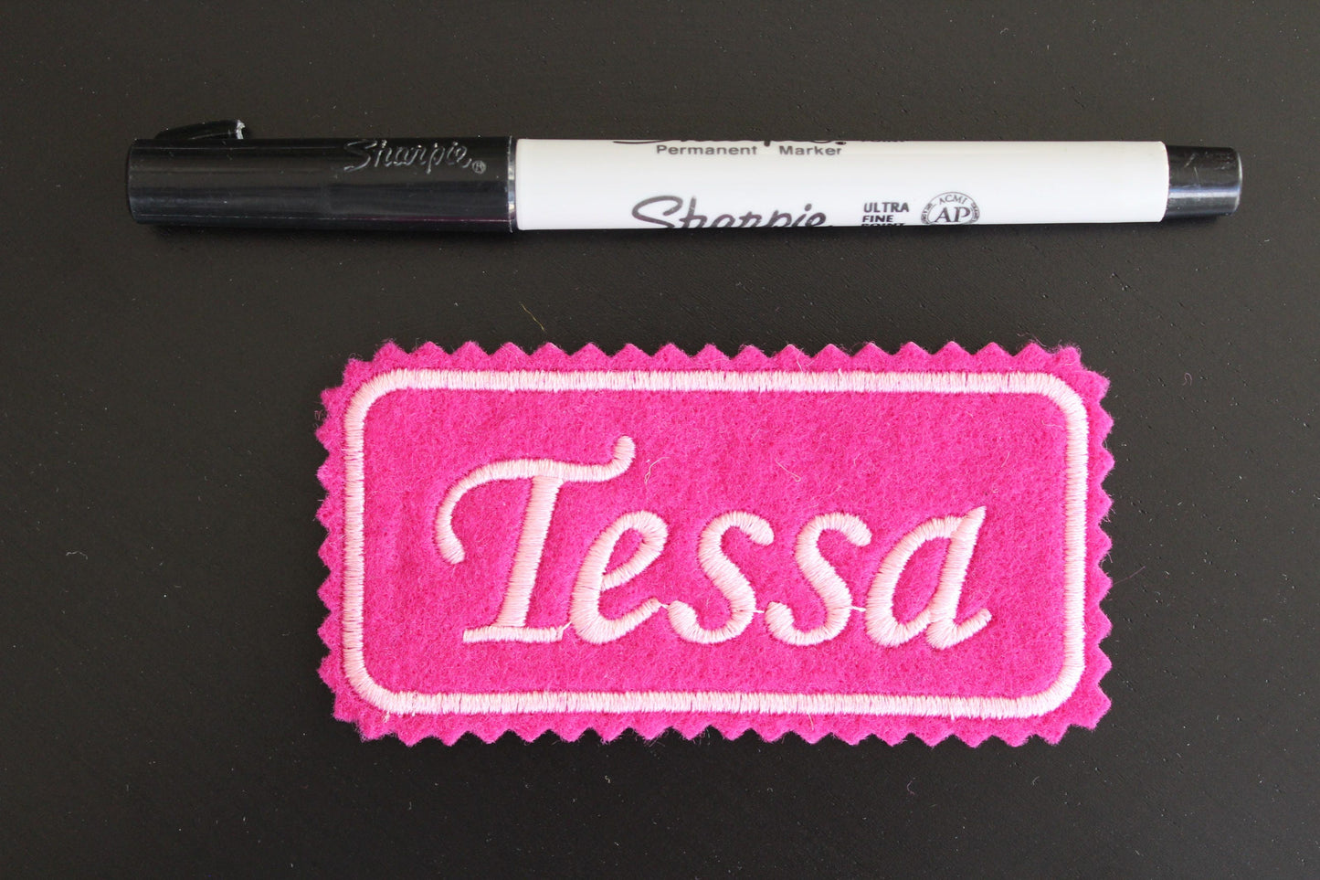 Embroidered Name patch on colored Felt: 4x2 inches, Iron-on or Sew-on Patch