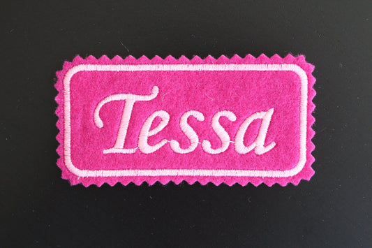 Embroidered Name patch on colored Felt: 4x2 inches, Iron-on or Sew-on Patch