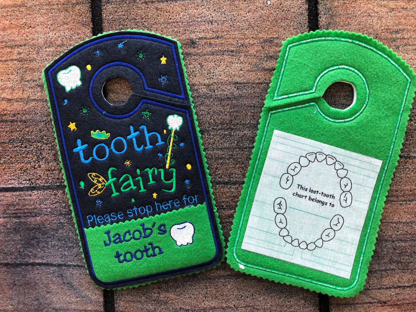 Custom tooth fairy door hanger, blue and green theme
