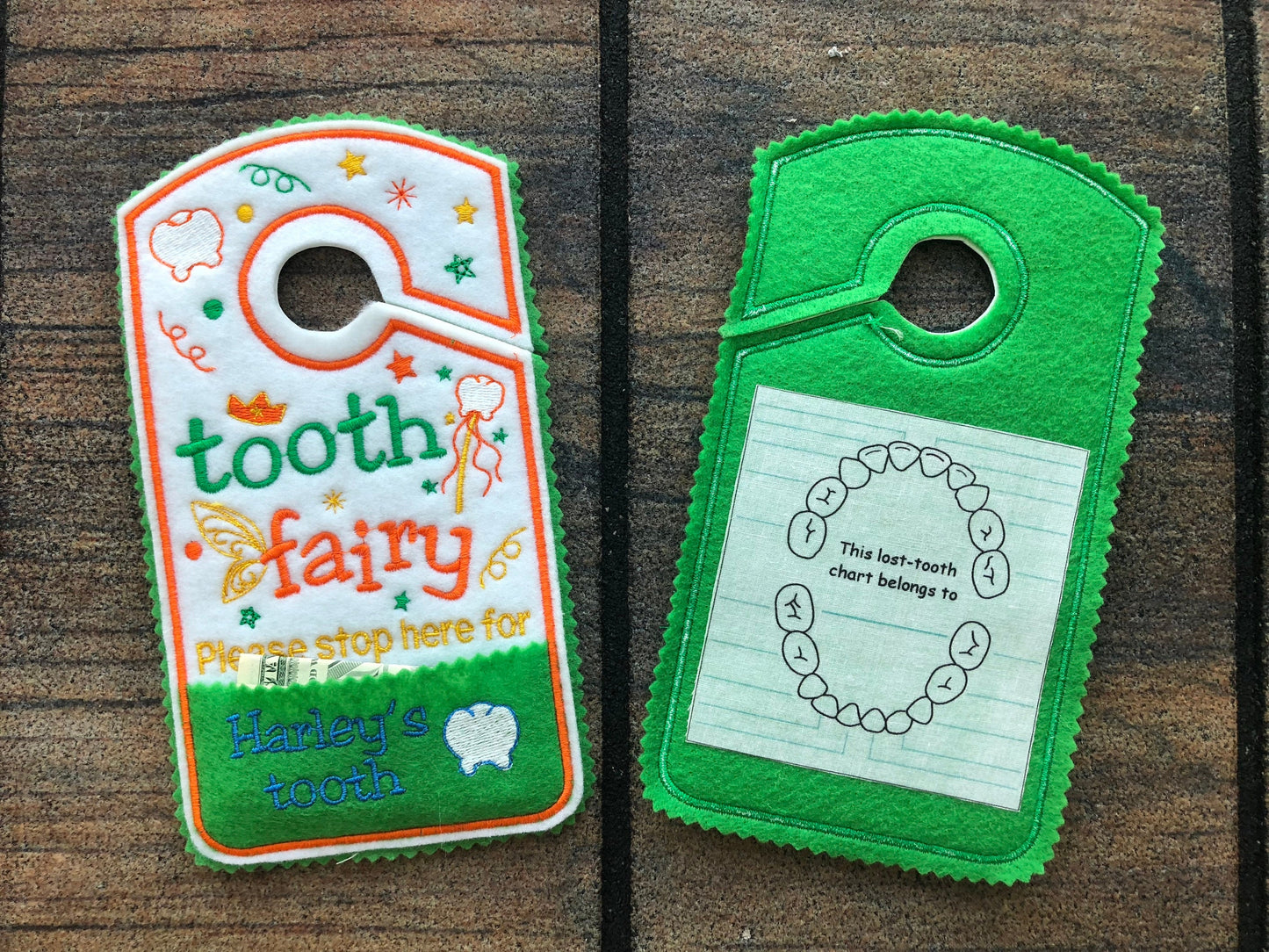 Tooth fairy door hanger, personalized tooth pocket, Please stop here, fairy money pocket, custom,alternative option to tooth pillow,boy,girl