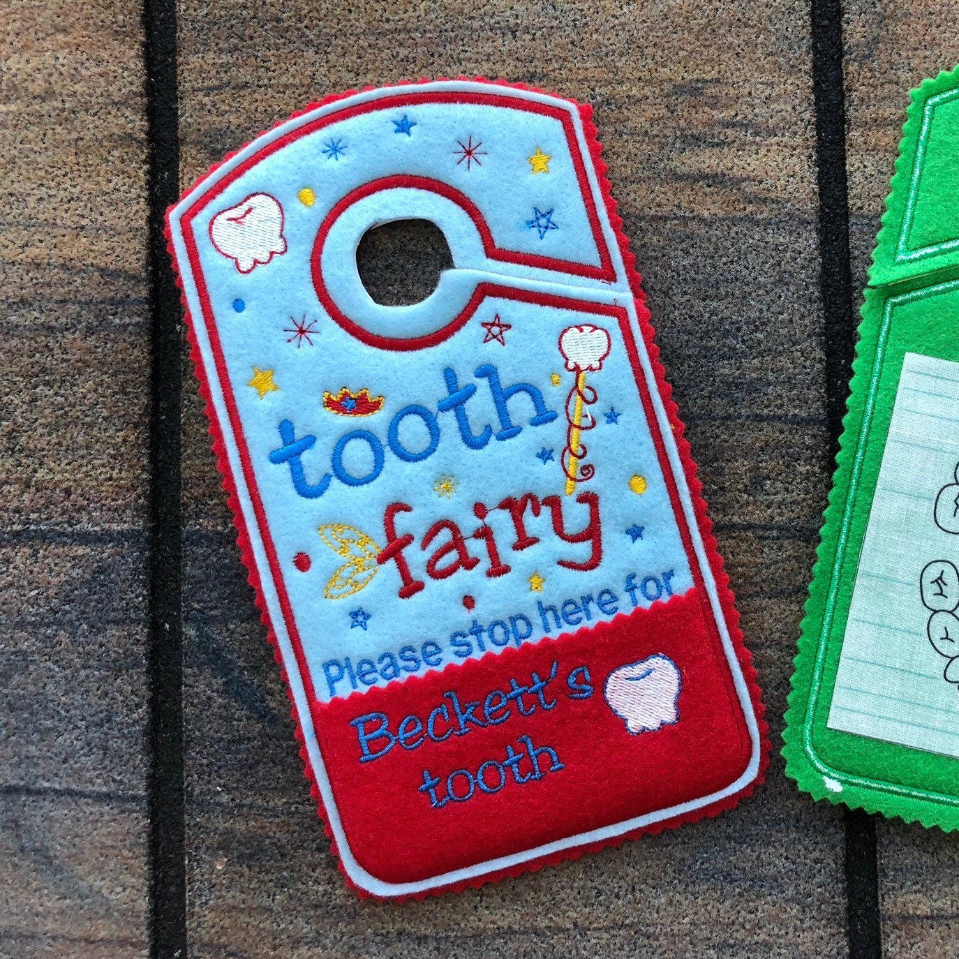 Tooth fairy door hanger, personalized tooth pocket, Please stop here, fairy money pocket, custom,alternative option to tooth pillow,boy,girl