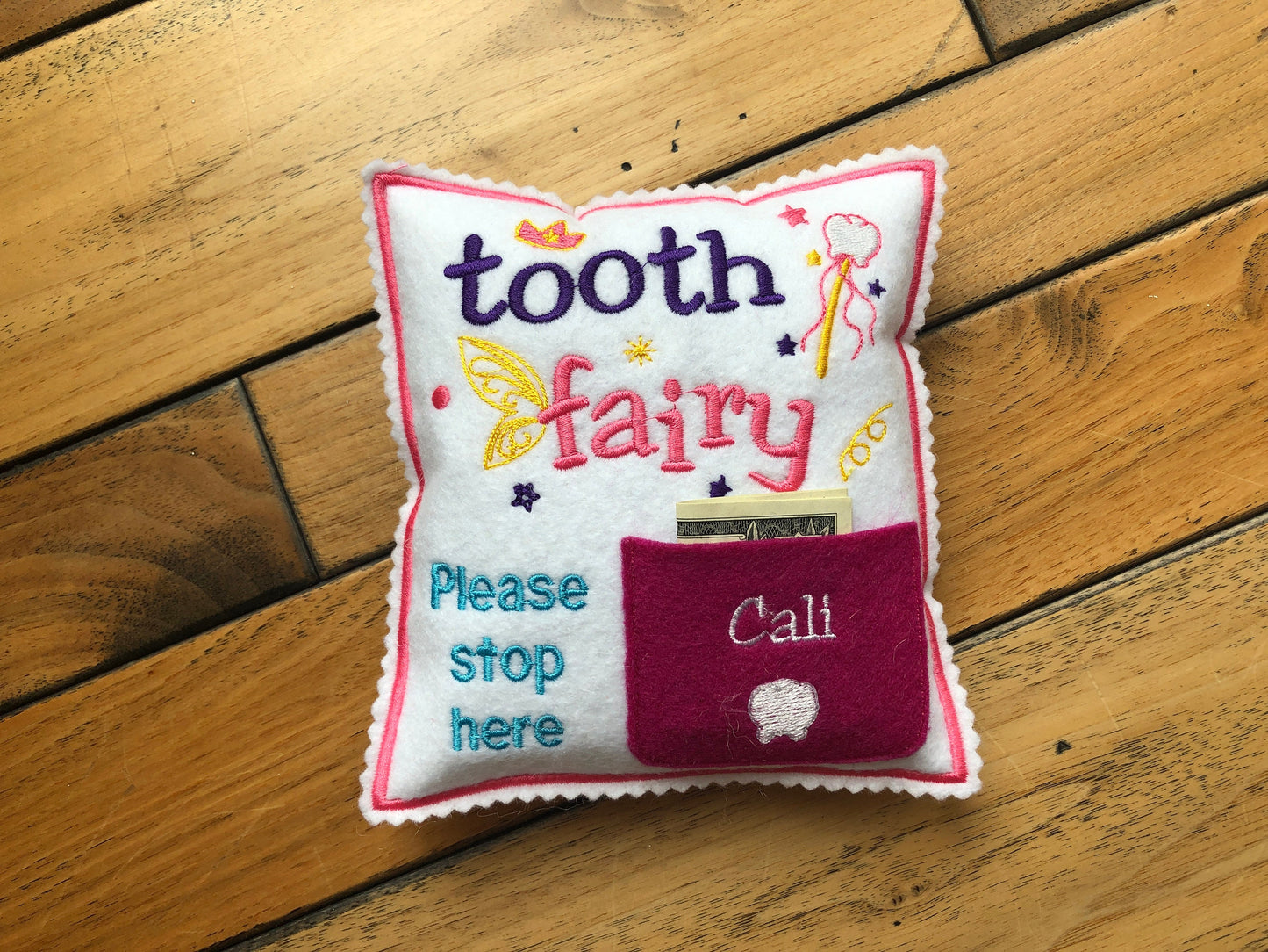Personalized Tooth fairy pillow in Pink and more colors