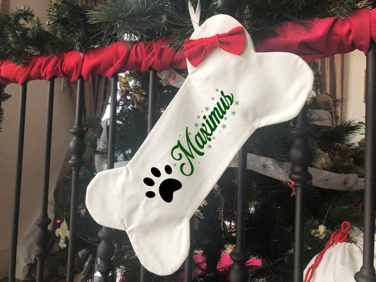 Dog Christmas Stocking Personalized, Bone shaped puppy toy stuffer stocking with custom name, Holiday Pet Stocking