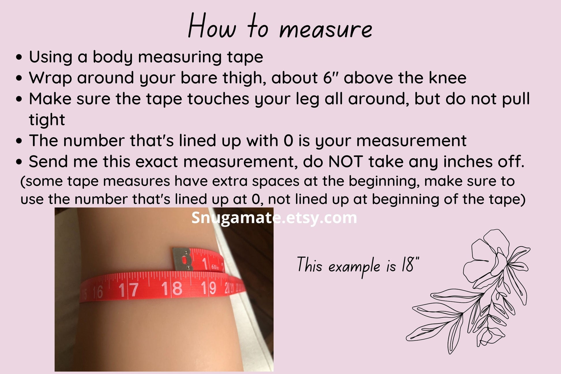 Instructions on how to measure your thigh with a body measuring tape, shown on a pink background with text and a floral design.