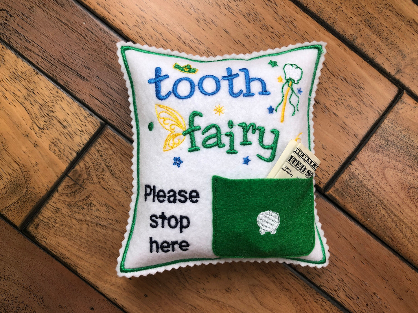 Tooth fairy pillow with tooth chart