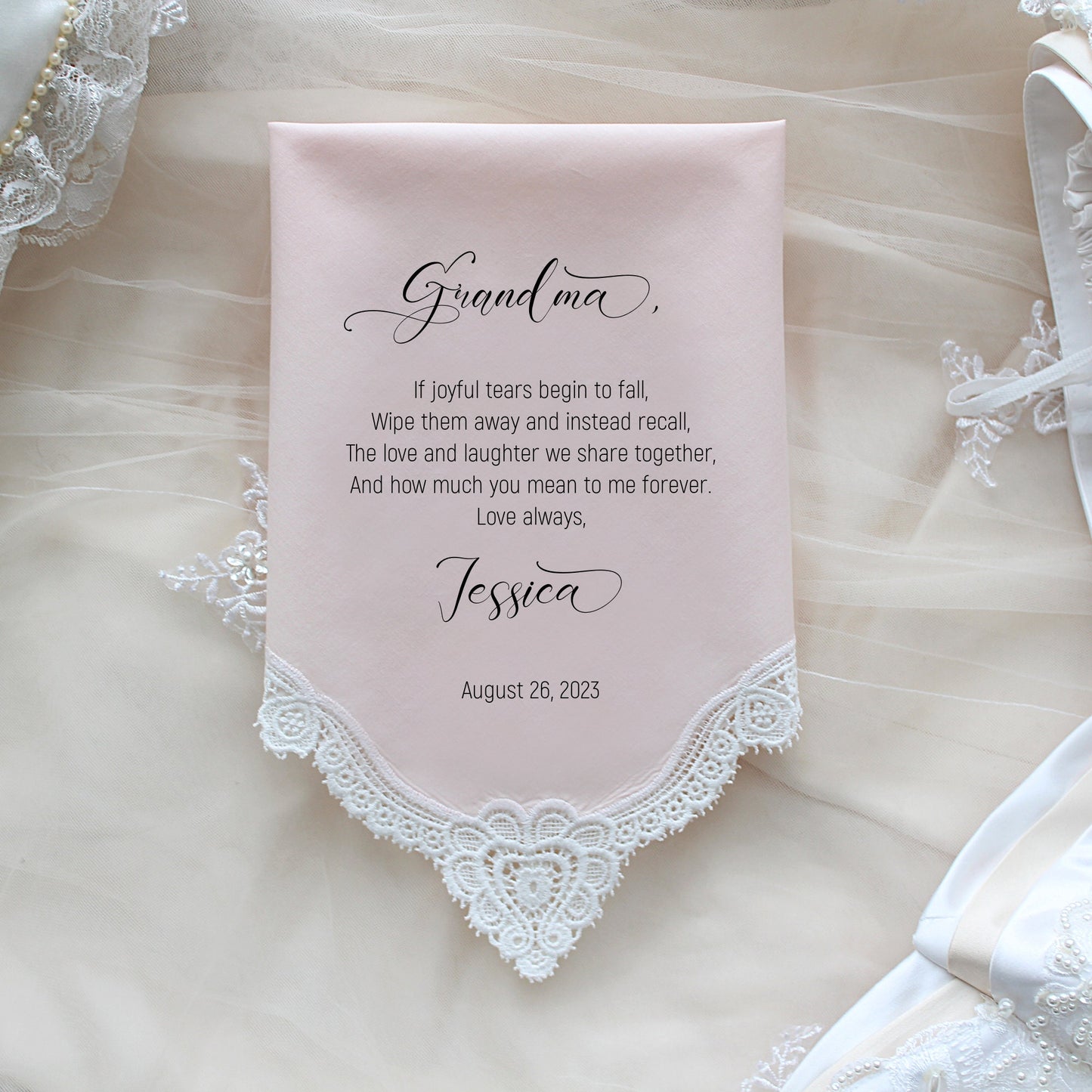 Grandma Wedding Gift, Grandma of the Bride custom wedding handkerchief, wedding favor, Personalize. FCAC[36]