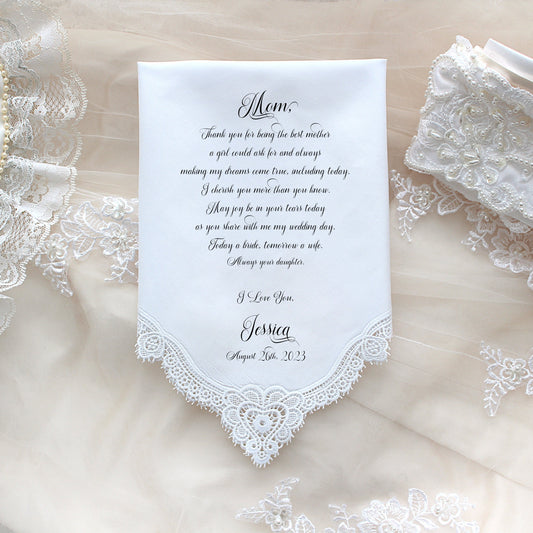 Mother of the Bride Gift, Wedding Handkerchief, PRINTED, CUSTOMIZED Wedding Hankies, Mother, mom gift-LS11FL[NOFLOWER-E-1]