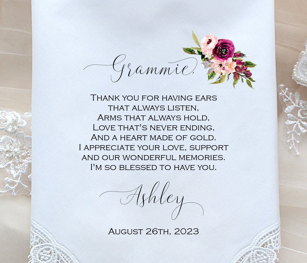Grandmother Wedding gift, Wedding Handkerchief-PRINT-CUSTOMIZED, Grandma Gift, hankies from Bride - LECp[G-94]