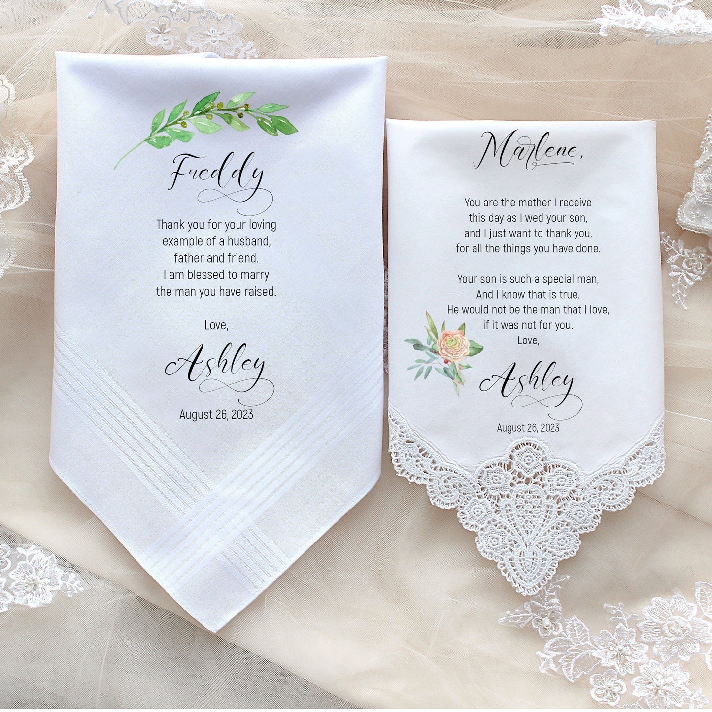 Parents of the Groom gift from the Bride, Wedding Handkerchief, PRINTED, CUSTOMIZED Wedding Handkerchief-Wedding Gifts-Lace-KaAk[J-26-J-101]