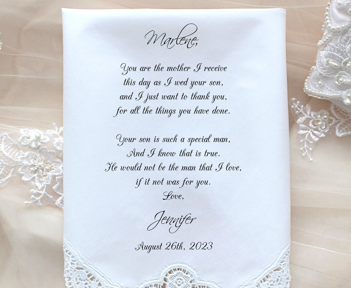 Mother of the Groom Handkerchief from the Bride-Wedding Hankerchief-CUSTOMIZED-Wedding Hankies-Mother in Law-Mother of the-CAC[101]