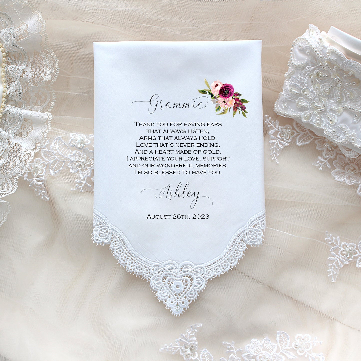 Grandmother Wedding gift, Wedding Handkerchief-PRINT-CUSTOMIZED, Grandma Gift, hankies from Bride - LECp[G-94]
