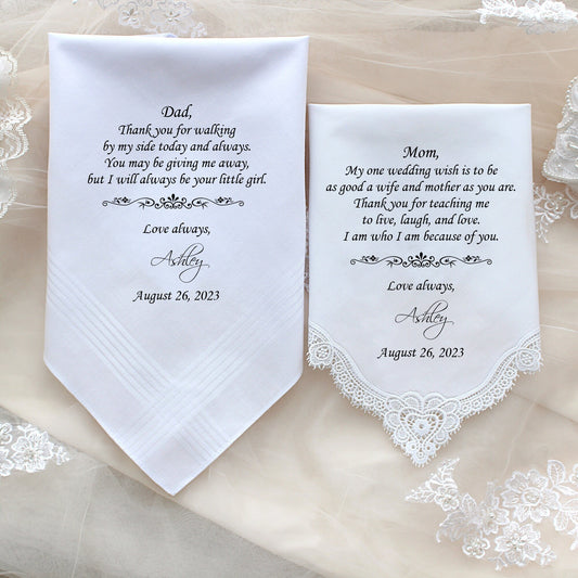 Set of 2 Mother of the Bride handkerchief, Father of the Bride wedding hankie, parents Personalized gift, Custom PRINTED.