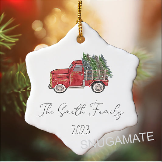 Vintage Red Truck Christmas Ornament Personalized with Family Name: Snowflake Ceramic Ornament