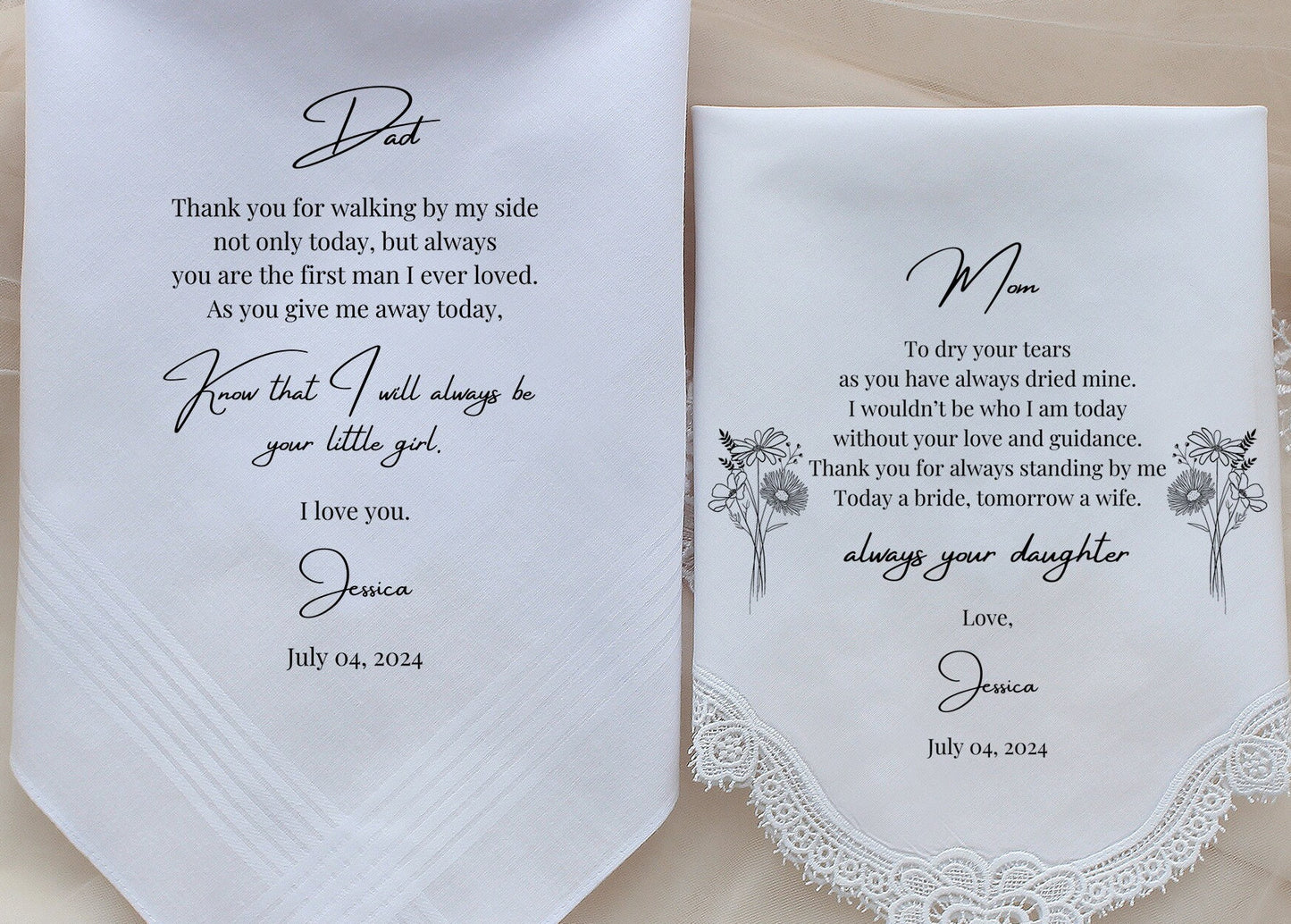 Mother of the Bride Gift, Father of the Bride Gift, Personalized Wedding Handkerchief for Parents of the Bride, Wedding Gift from Daughter