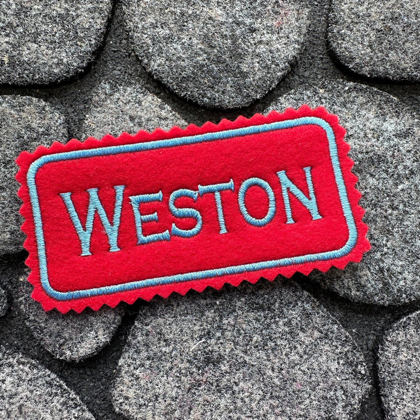 Embroidered Name patch on colored Felt: 4x2 inches, Iron-on or Sew-on Patch