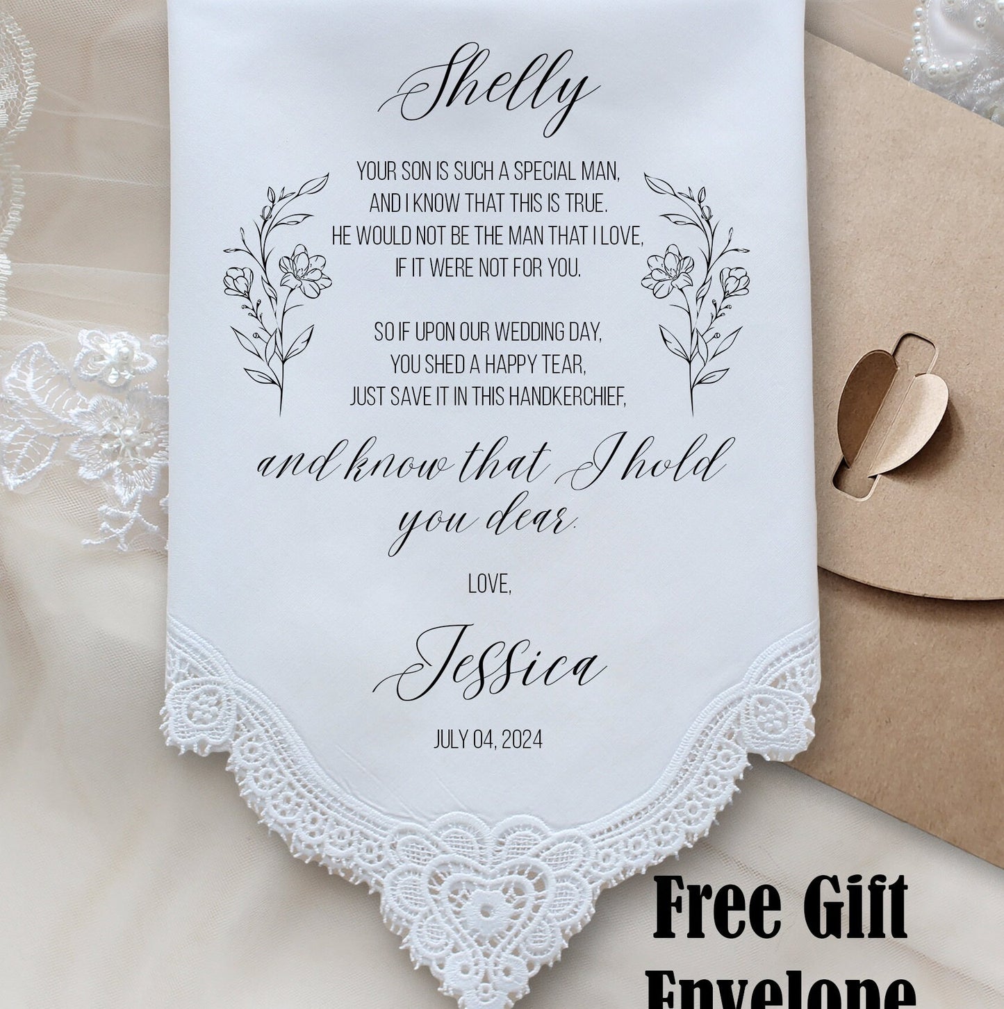 Wedding Handkerchief for Mother In Law from bride, Personalized Wedding Gift for Parent, Thank You Gift, Mother in Law Wedding Gift