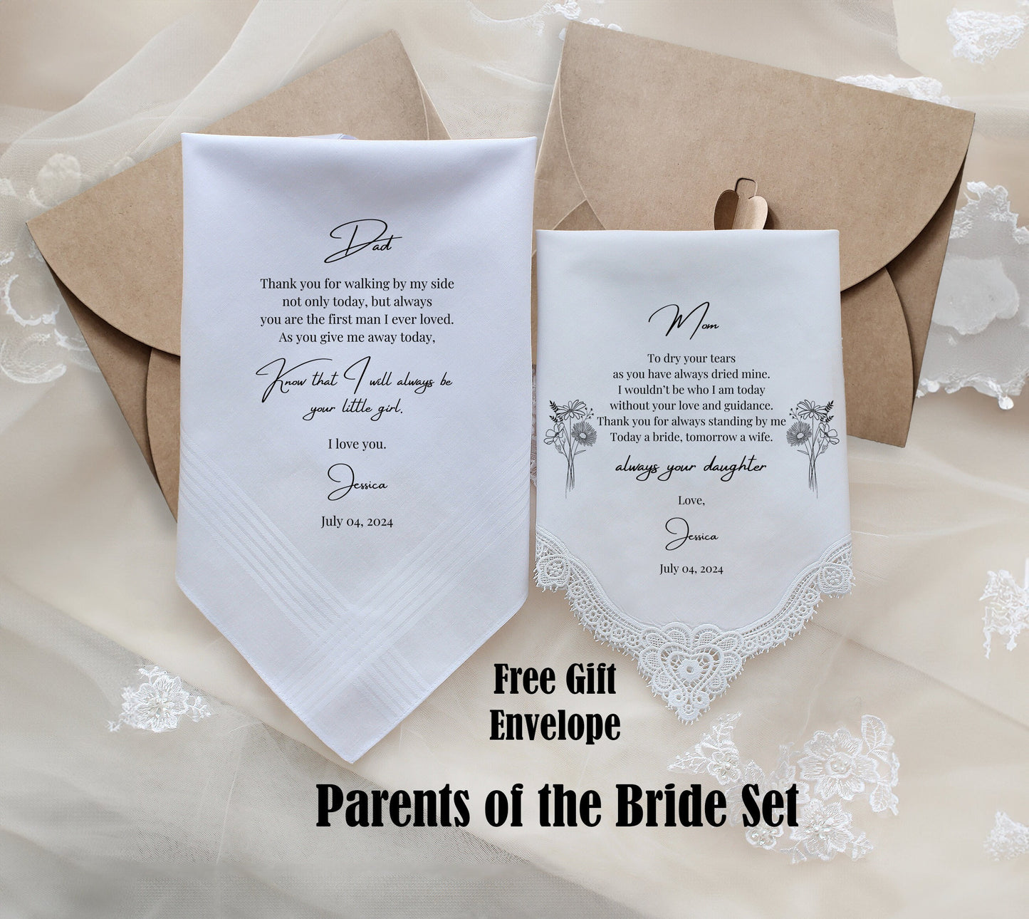 Mother of the Bride Gift, Father of the Bride Gift, Personalized Wedding Handkerchief for Parents of the Bride, Wedding Gift from Daughter