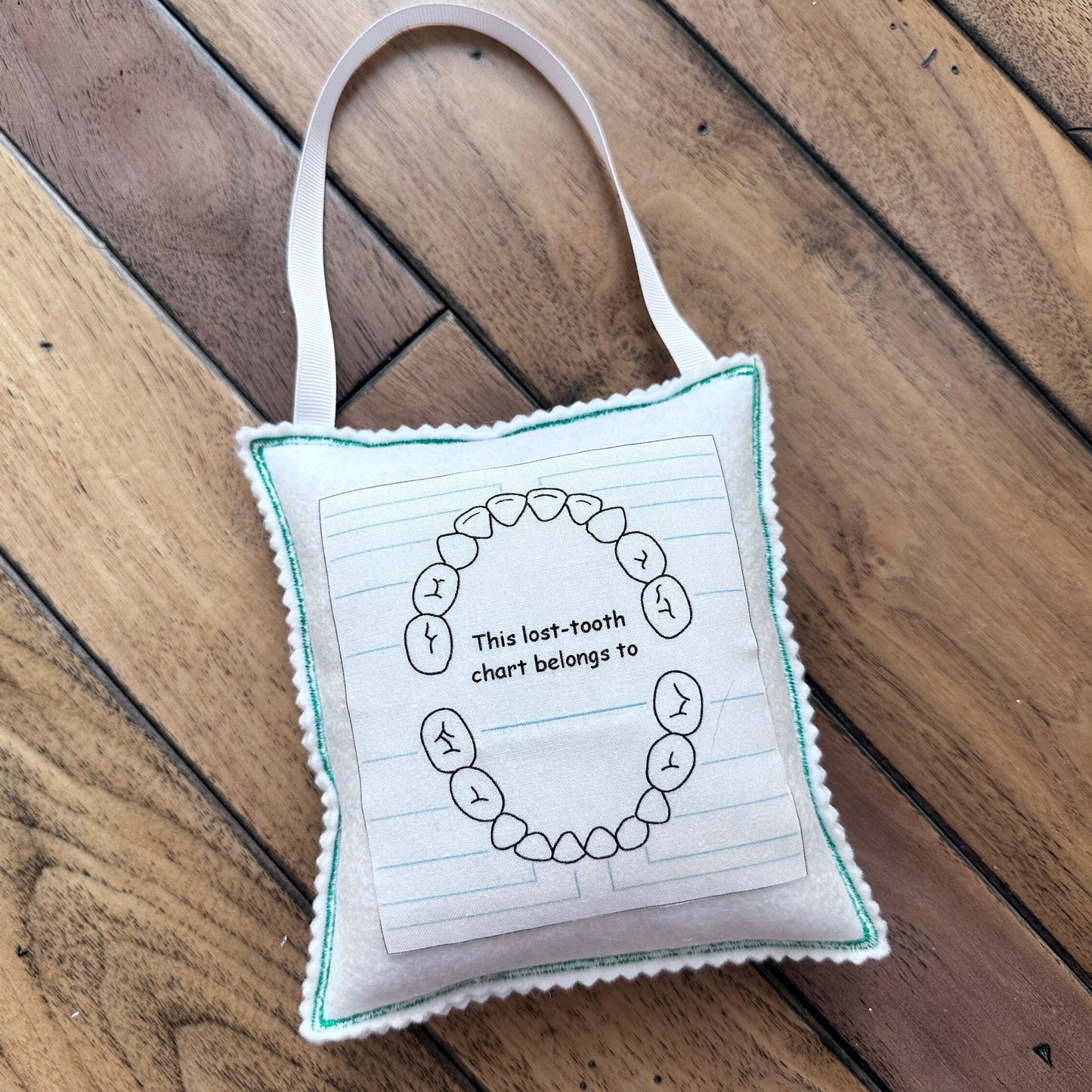 Personalized Blue Tooth fairy pillow with tooth chart and hanging string