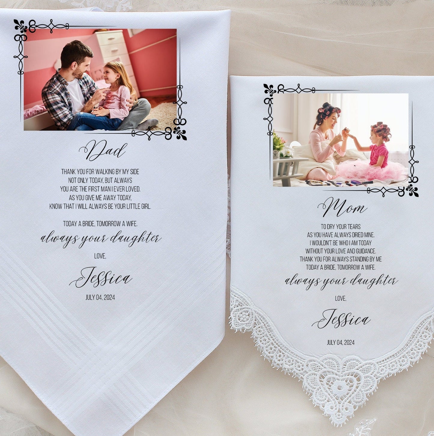 Mother of the Bride Gift & Father of the Bride Gift From Bride with photo option, Wedding Handkerchief from Daughter, Gift for Parents