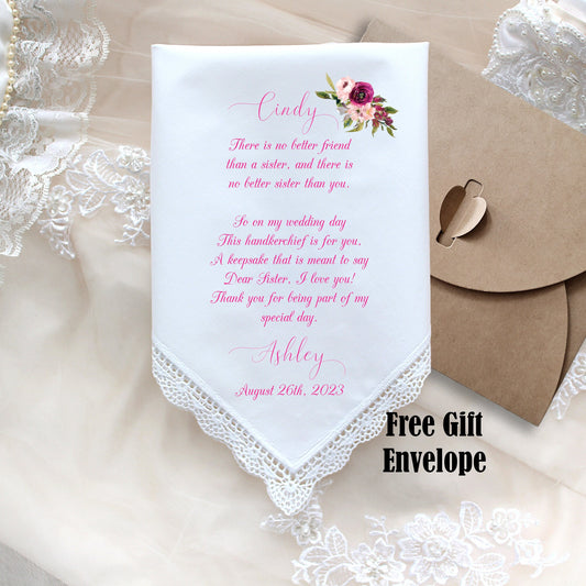 Sister Bridesmaid Gift handkerchief from the Bride, Wedding Handkerchief, PRINTED, CUSTOMIZED Sisters of the Bride-LS5LeCAC[G-40]