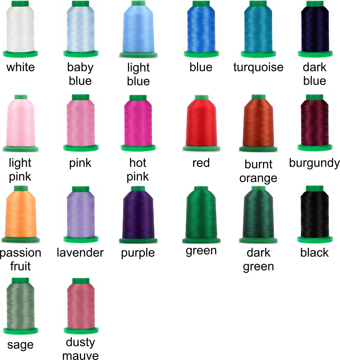Collection of spools of thread in various colors with labels on a white background