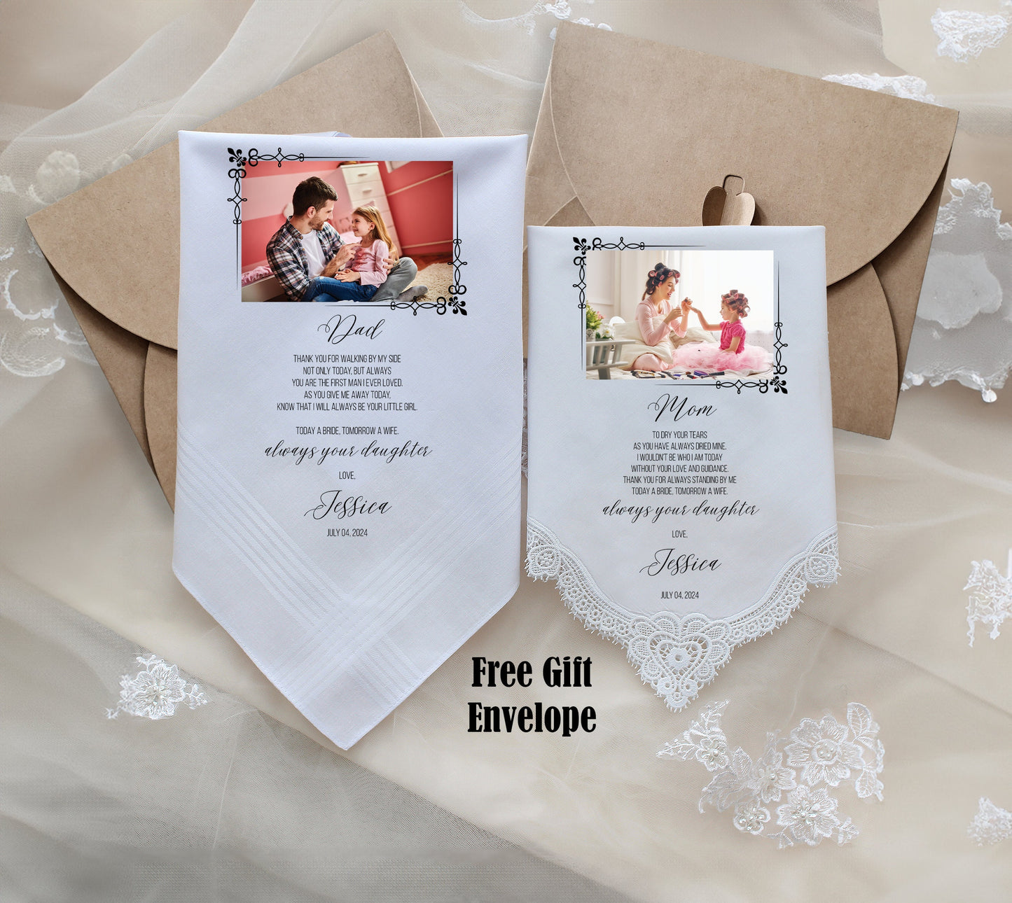 Mother of the Bride Gift & Father of the Bride Gift From Bride with photo option, Wedding Handkerchief from Daughter, Gift for Parents