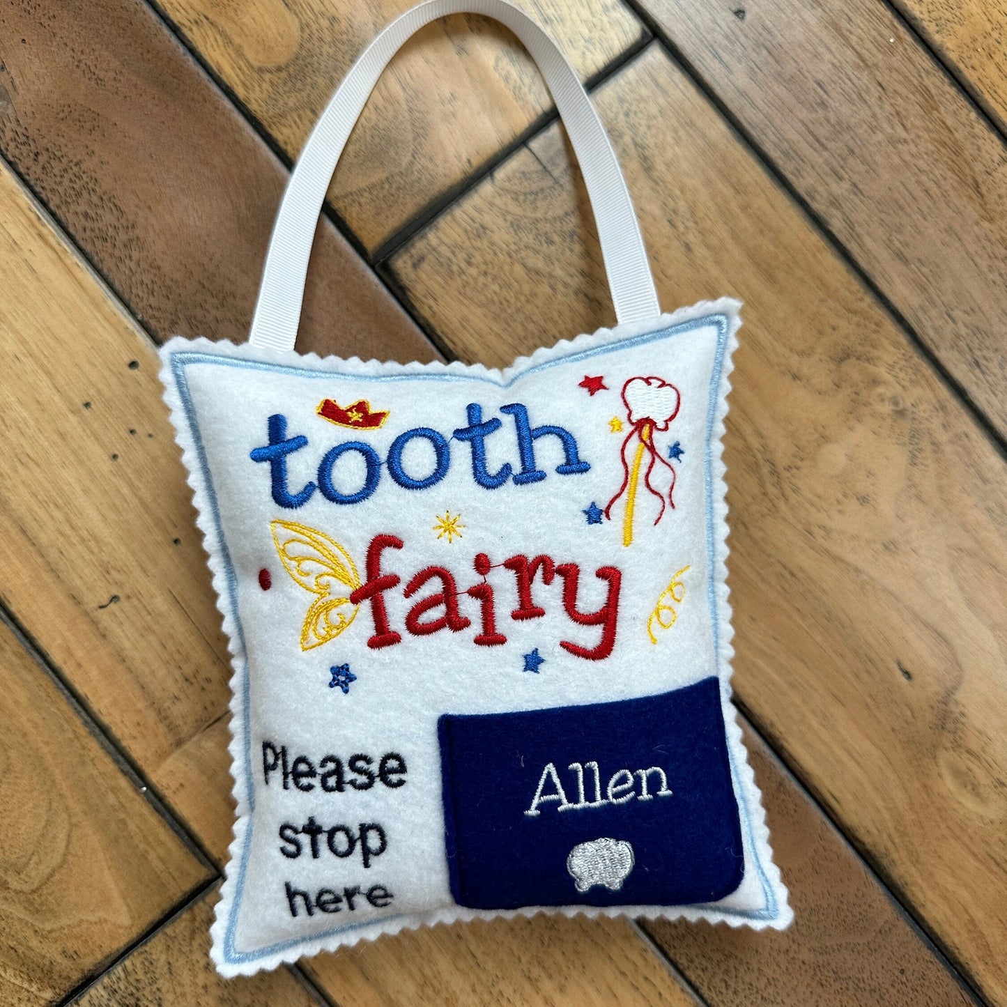 Personalized Blue Tooth fairy pillow with tooth chart and hanging string