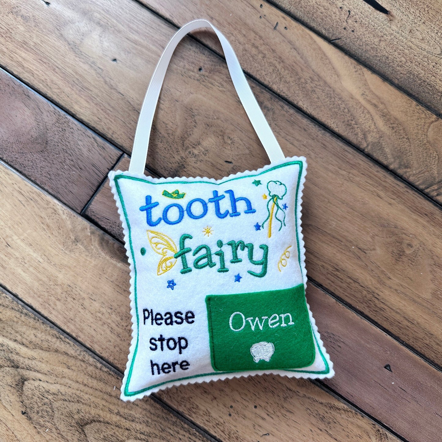 Personalized Blue Tooth fairy pillow with tooth chart and hanging string
