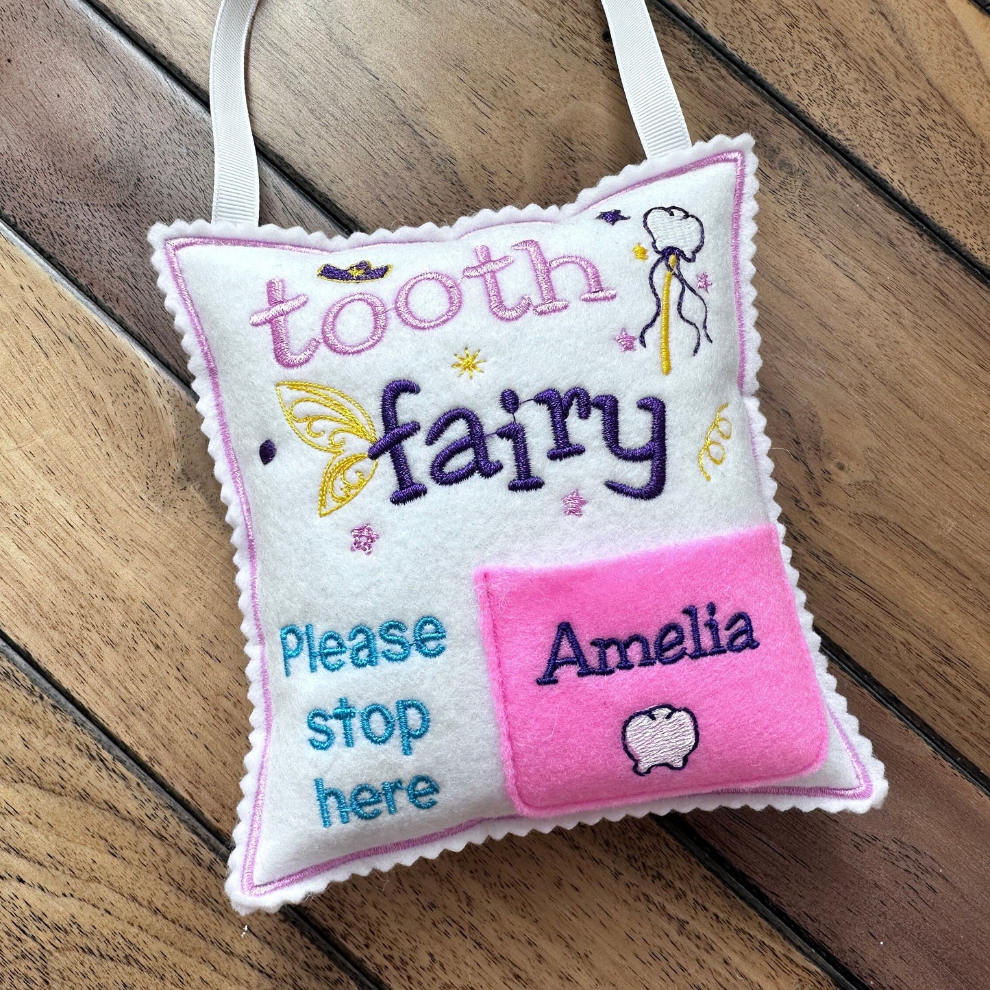 Personalized Blue Tooth fairy pillow with tooth chart and hanging string