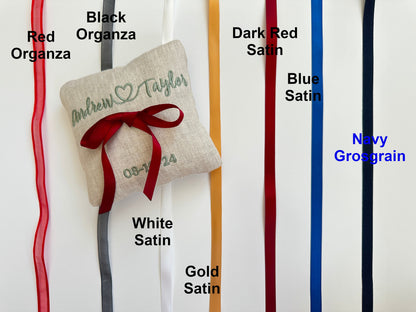 Personalized White Linen Ring Bearer Pillow, Custom Embroidered 5x5" Wedding Ring Cushion