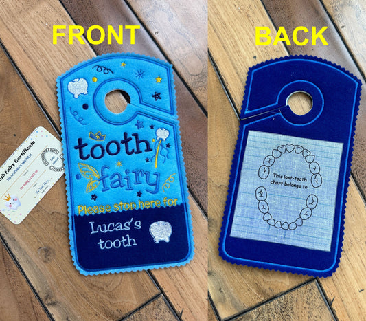 Custom tooth fairy door hanger, blue and green theme