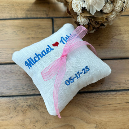 Personalized White Linen Ring Bearer Pillow, Custom Embroidered 5x5" Wedding Ring Cushion