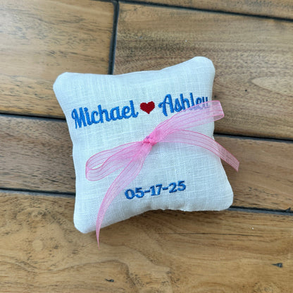Personalized White Linen Ring Bearer Pillow, Custom Embroidered 5x5" Wedding Ring Cushion
