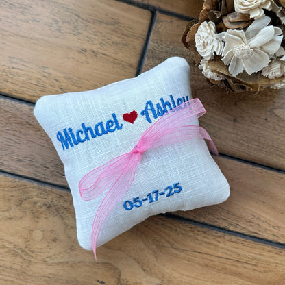 Personalized White Linen Ring Bearer Pillow, Custom Embroidered 5x5" Wedding Ring Cushion
