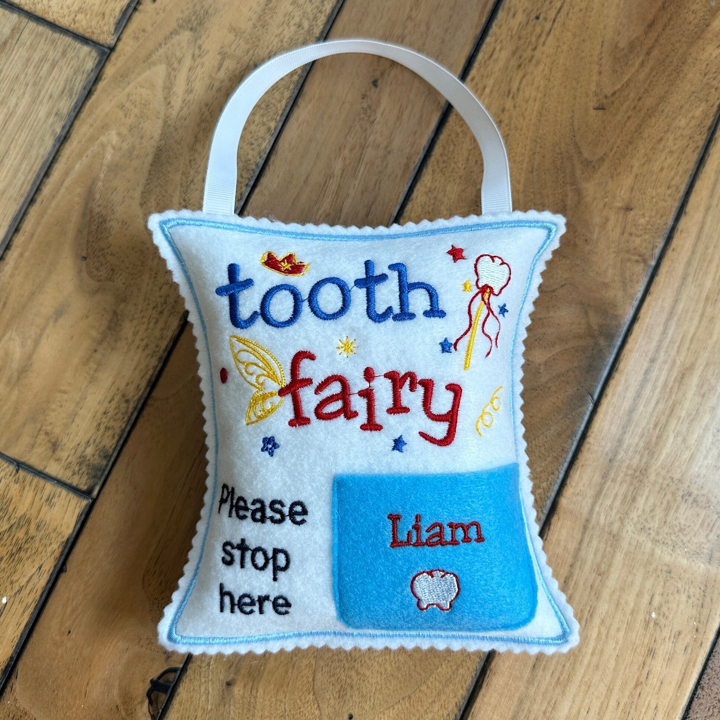 Personalized Blue Tooth fairy pillow with tooth chart and hanging string