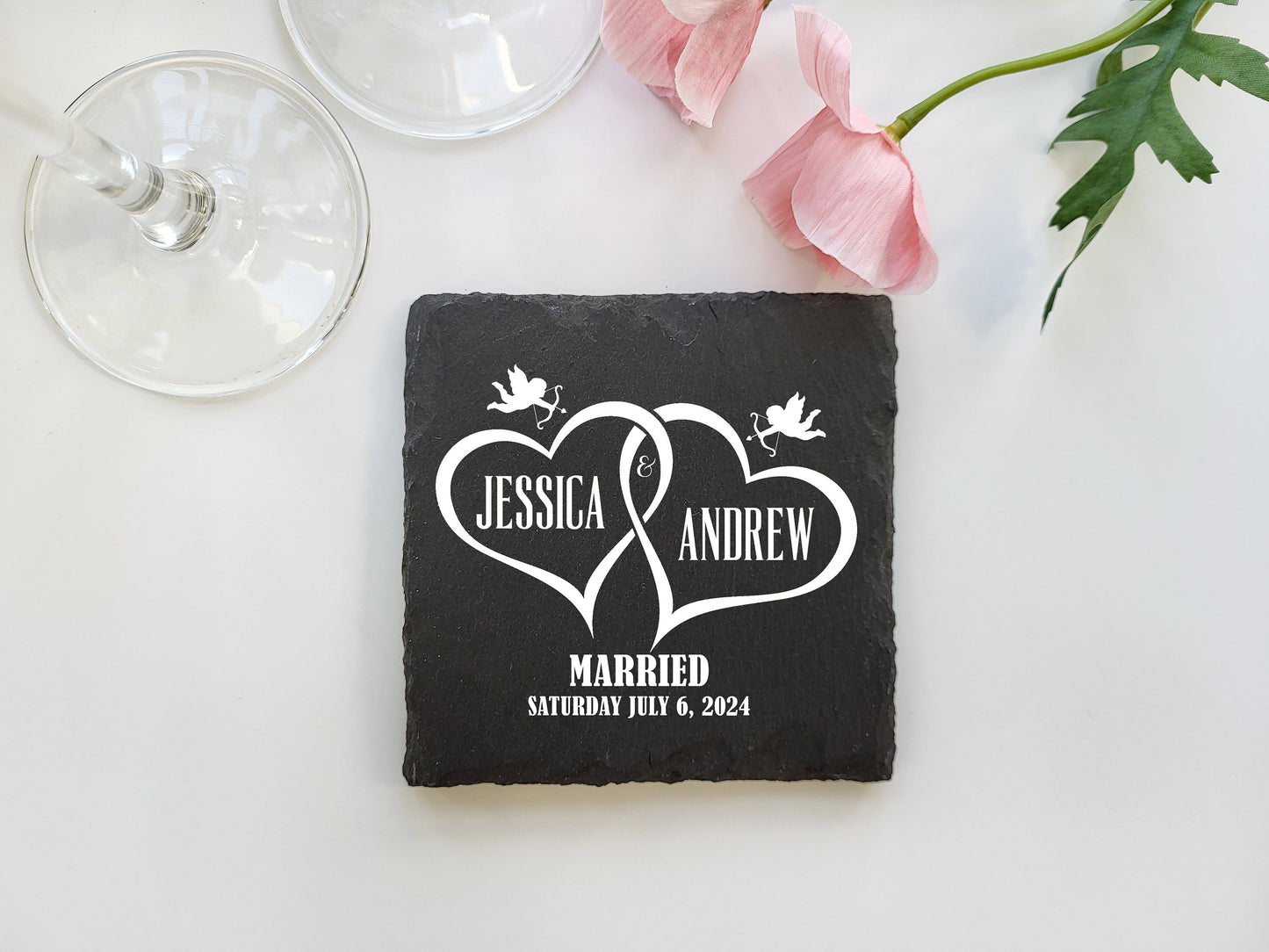 Personalized Slate Coasters - Custom Wedding Favors - Bride, Groom Name and Date - Elegant Rustic Decor - Unique Wedding Guest Gifts