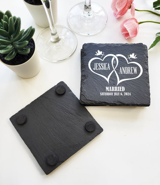 Personalized Slate Coasters - Custom Wedding Favors - Bride, Groom Name and Date - Elegant Rustic Decor - Unique Wedding Guest Gifts