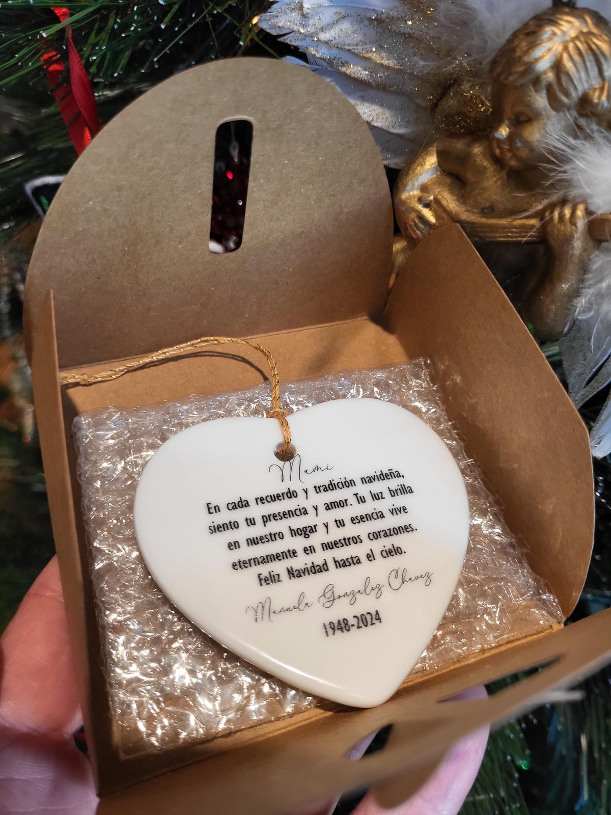 SPANISH Memorial Heart Christmas Ornament, Merry Christmas to Heaven, Personalized Remembrance Ornament