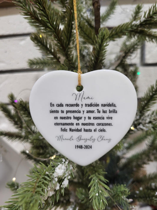 SPANISH Memorial Heart Christmas Ornament, Merry Christmas to Heaven, Personalized Remembrance Ornament
