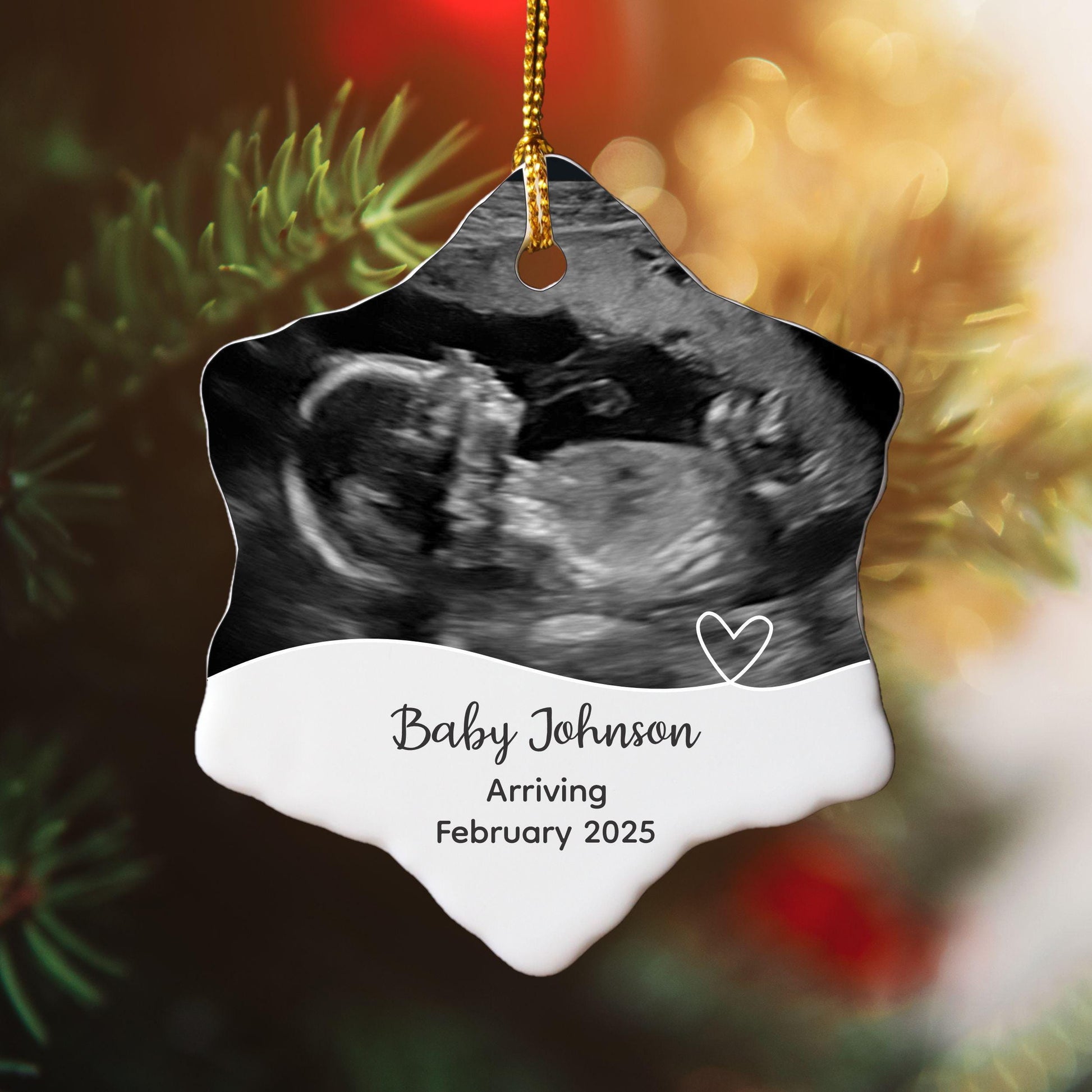 A snowflake-shaped Christmas ornament featuring a baby ultrasound photo, personalized with the baby&#39;s family name and the year of birth, perfect for celebrating a baby&#39;s first Christmas or as a keepsake.