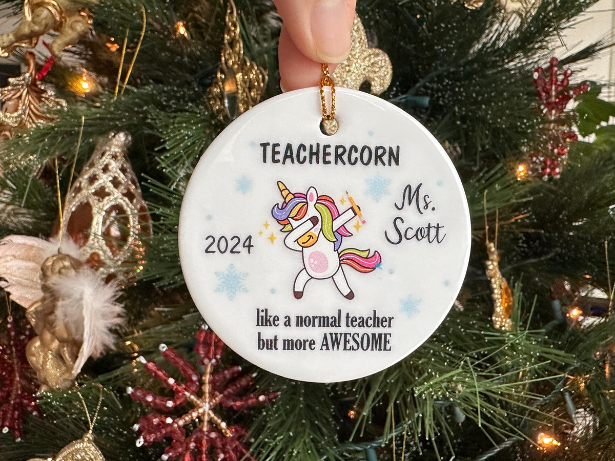 Teacher Christmas Ornament, Funny Dabbing Unicorn Teacher