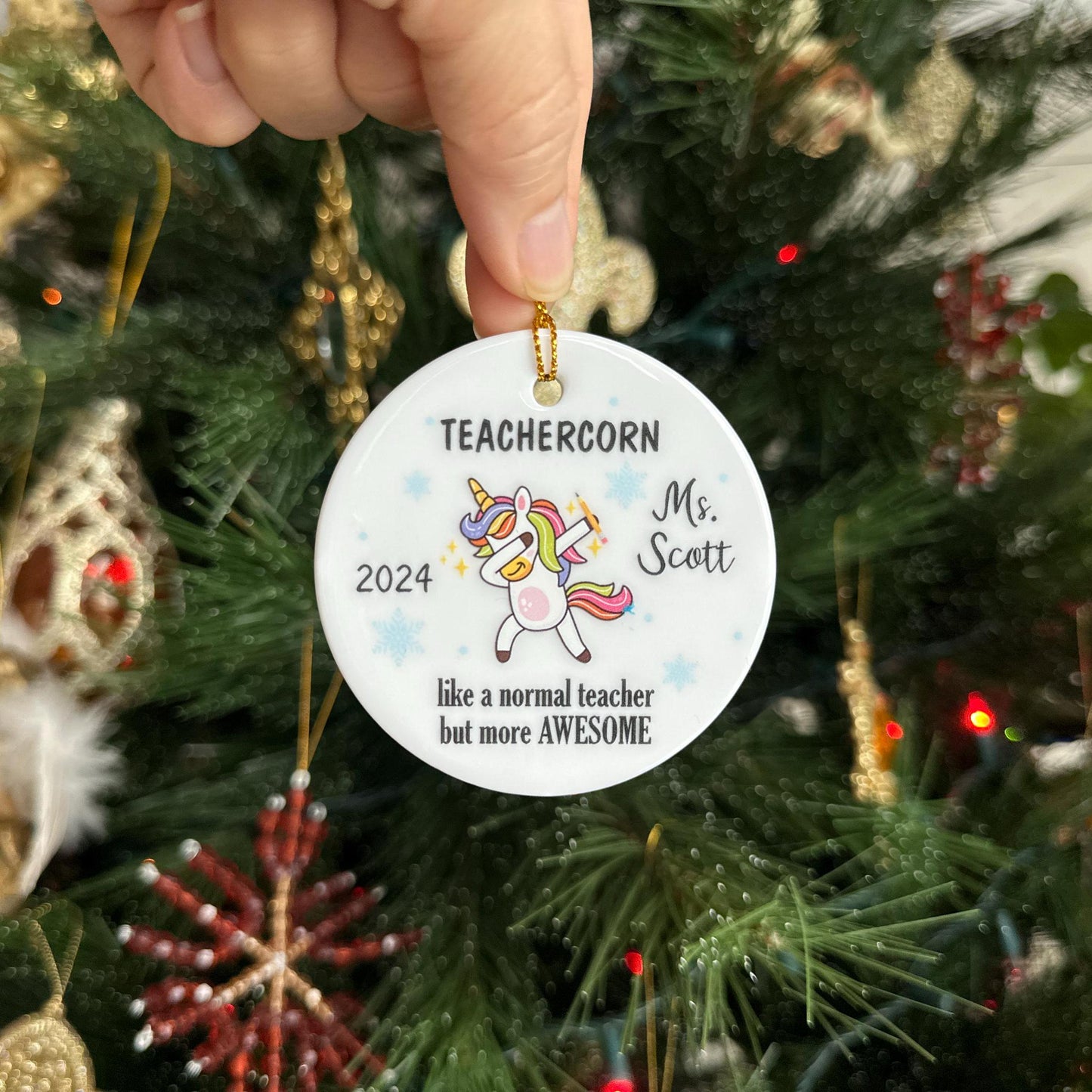 Teacher Christmas Ornament, Funny Dabbing Unicorn Teacher